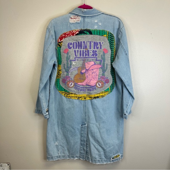 Upcycled Country Vibes Long Light Blue Denim Jacket Womens L Festival Cowgirl - Picture 3 of 15